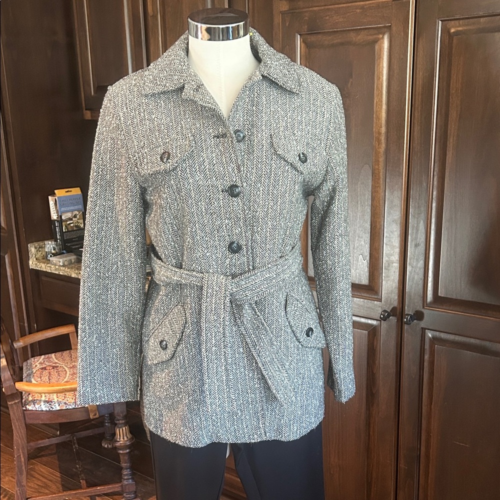 Vintage Jordan & Cole Women's Gray Tweed Wool Blend Belted Blazer Sz S